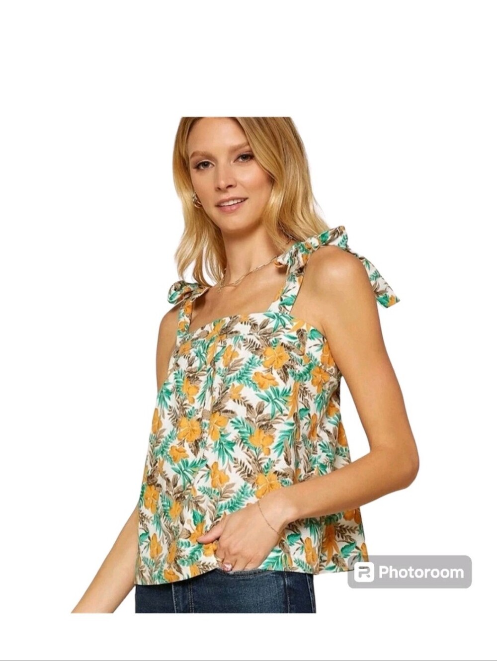 Skies Are Blue Tropical Floral Linen Blend Tie Shoulder Tank Top Medium Resort